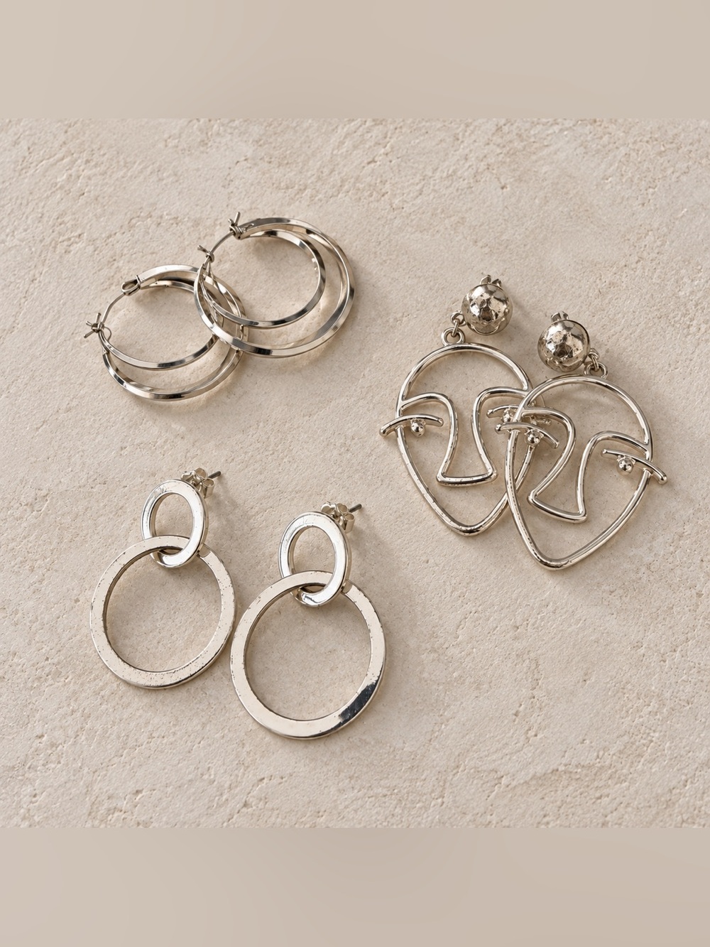 Silver Tone Mixed Hoop & Face Dangle Earring Set - Silver